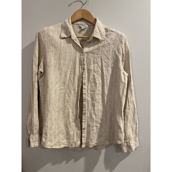 Orvis Top Womens Medium Button-Up Shirt Beige Long Sleeve Striped Linen Viscose - Picture 3 of 7